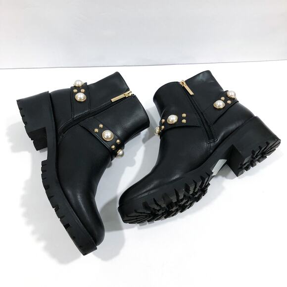 NWT Karl Lagerfeld Pixie Pearl Embellished Black Leather Moto Boots Booties - Picture 7 of 12